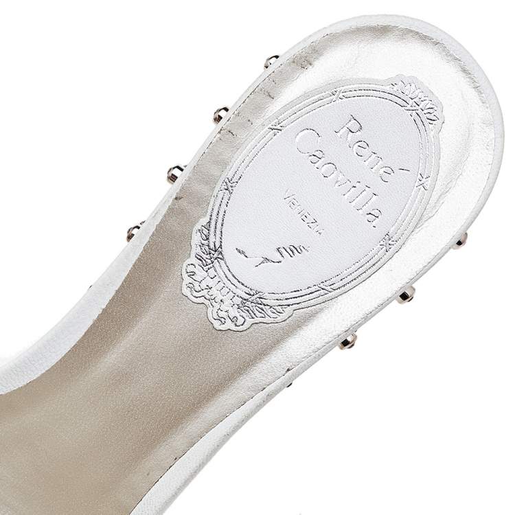 Pre Owned René Caovilla White Leather Embellished Wedge Platform Slide Sandals Size 36.5
