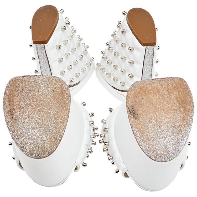 Pre Owned René Caovilla White Leather Embellished Wedge Platform Slide Sandals Size 36.5