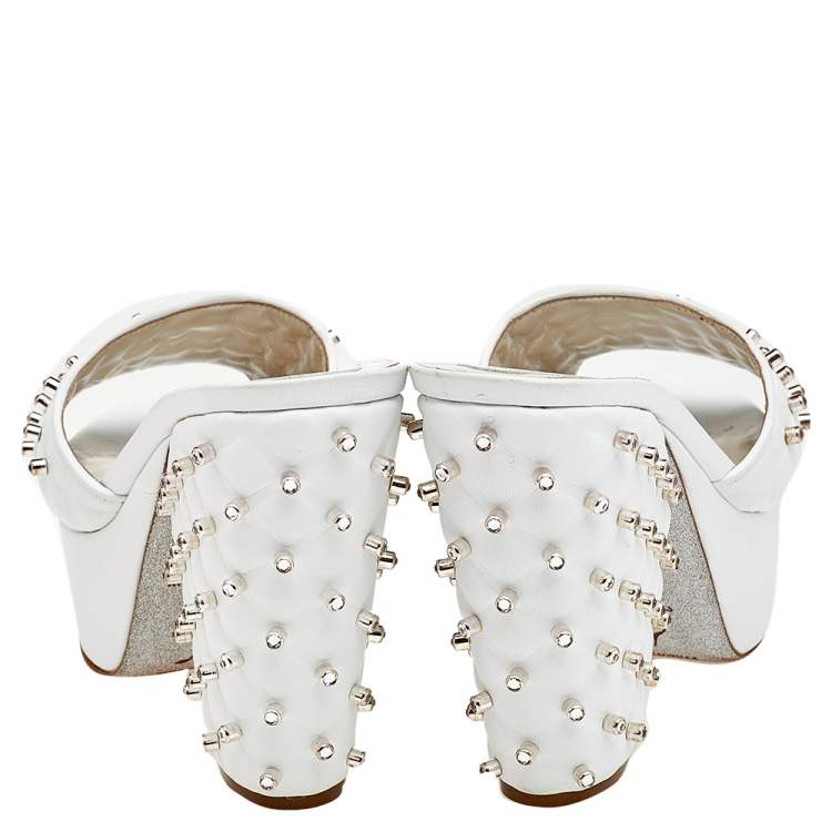 Pre Owned René Caovilla White Leather Embellished Wedge Platform Slide Sandals Size 36.5