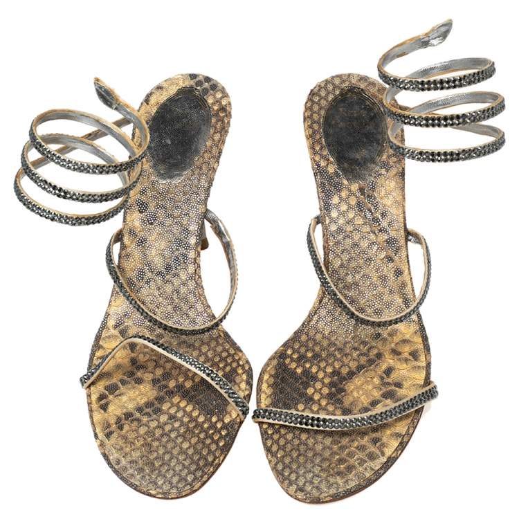 Pre Owned René Caovilla Beige/Black Crystals Studded Satin and Metal Cleo Ankle-Wrap Sandals Size 41