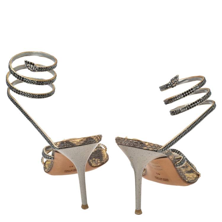 Pre Owned René Caovilla Beige/Black Crystals Studded Satin and Metal Cleo Ankle-Wrap Sandals Size 41