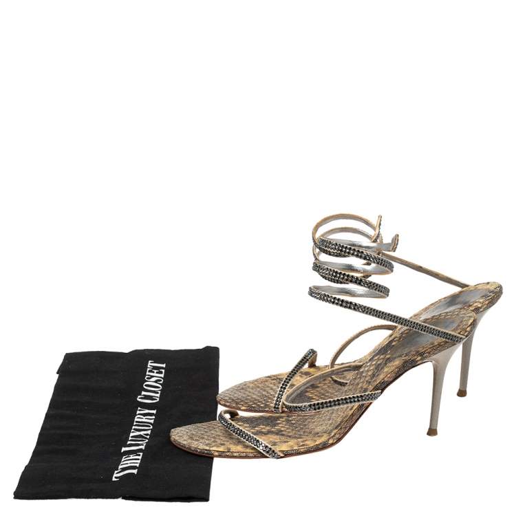 Pre Owned René Caovilla Beige/Black Crystals Studded Satin and Metal Cleo Ankle-Wrap Sandals Size 41