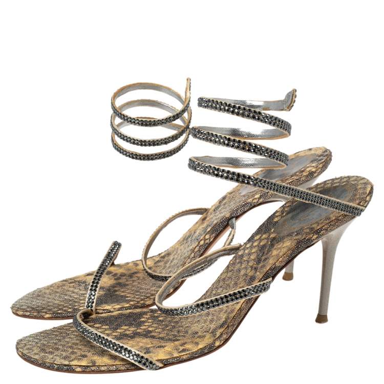 Pre Owned René Caovilla Beige/Black Crystals Studded Satin and Metal Cleo Ankle-Wrap Sandals Size 41