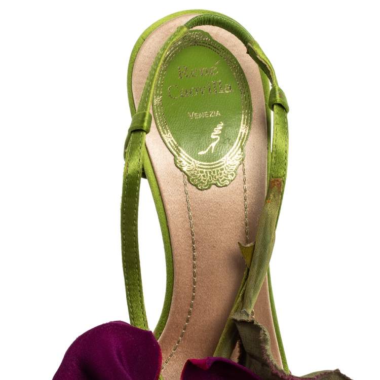 Pre Owned René Caovilla Multicolor Snakeskin Leather and Satin Flower Applique Slingback Sandals Size 37