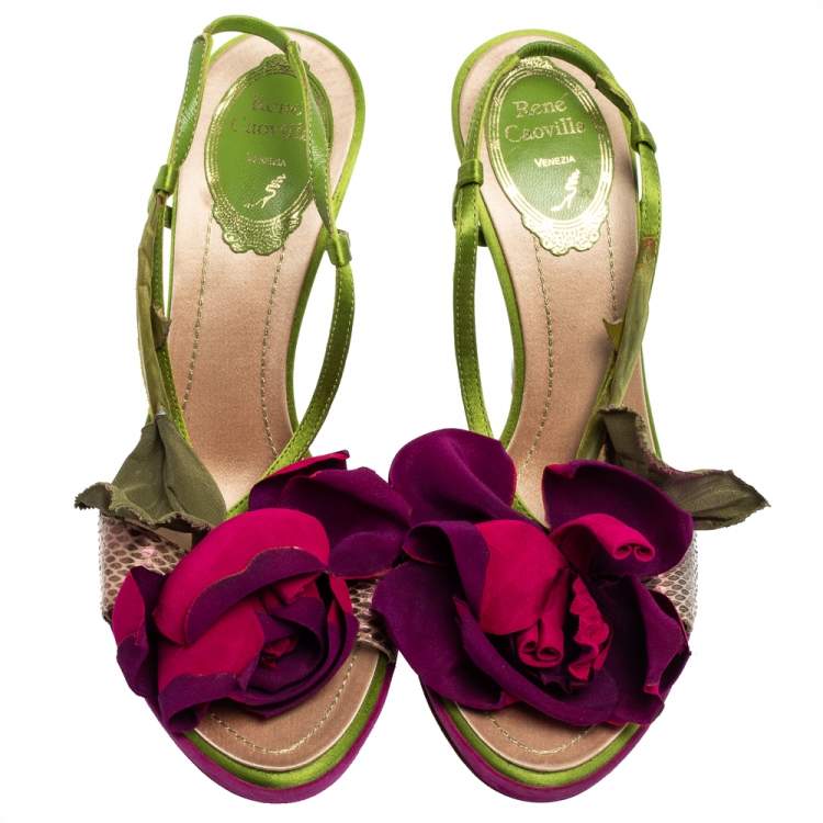 Pre Owned René Caovilla Multicolor Snakeskin Leather and Satin Flower Applique Slingback Sandals Size 37