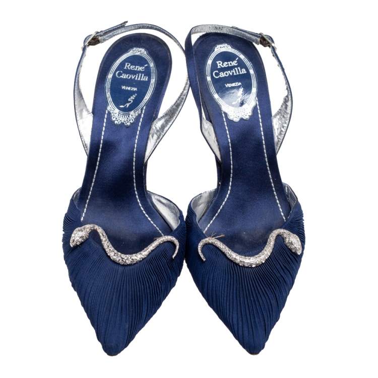 Pre Owned René Caovilla Blue Fabric Snake Embellished Slingback  Pumps Size 37