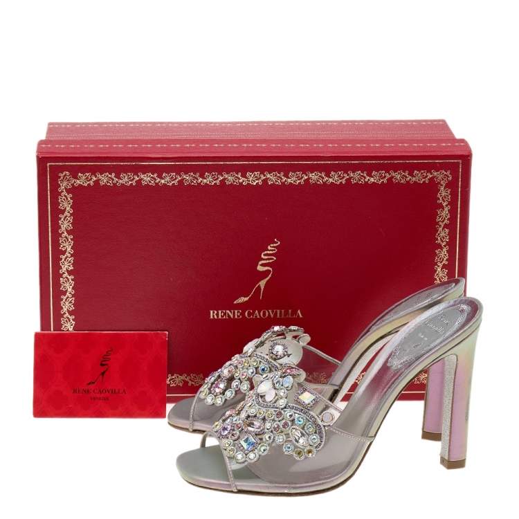 Pre Owned René Caovilla Grey Iridescent Leather and PVC Crystal Embellished Slide Sandals Size 36
