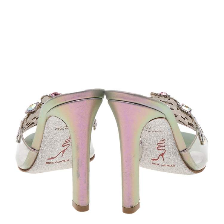 Pre Owned René Caovilla Grey Iridescent Leather and PVC Crystal Embellished Slide Sandals Size 36