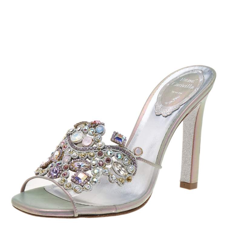 Pre Owned René Caovilla Grey Iridescent Leather and PVC Crystal Embellished Slide Sandals Size 36