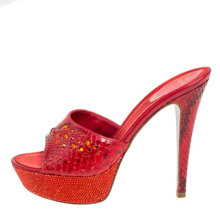 Pre Owned René Caovilla Red Snakeskin Leather Studded Crystals Platform Sandals Size 37 