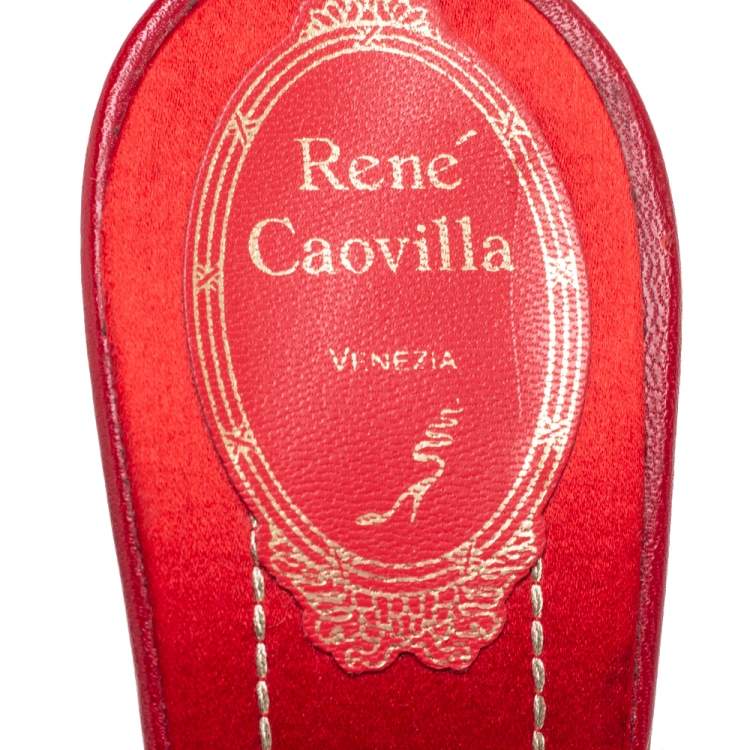 Pre Owned René Caovilla Red Snakeskin Leather Studded Crystals Platform Sandals Size 37 