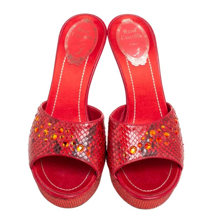 Pre Owned René Caovilla Red Snakeskin Leather Studded Crystals Platform Sandals Size 37 