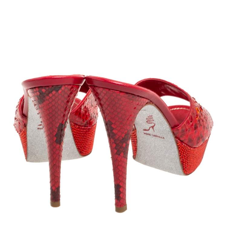 Pre Owned René Caovilla Red Snakeskin Leather Studded Crystals Platform Sandals Size 37 