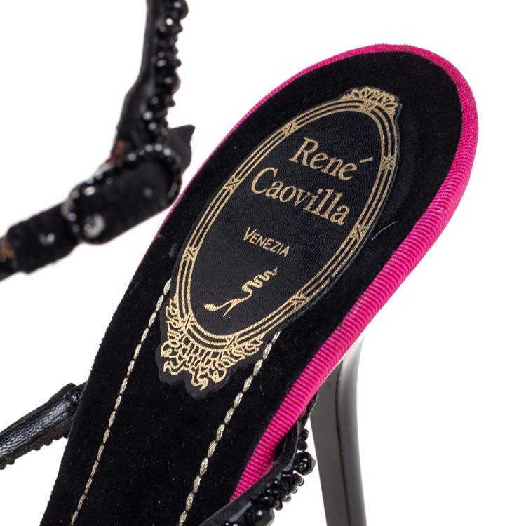 Pre Owned Rena Caovilla Multicolor Beaded Suede Ankle-Strap Sandals Size 37