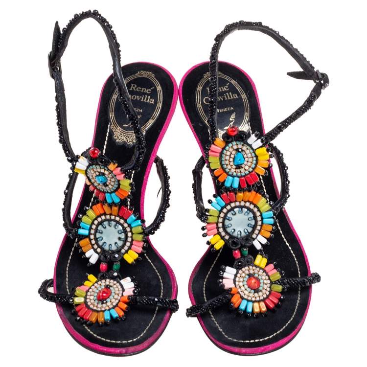 Pre Owned Rena Caovilla Multicolor Beaded Suede Ankle-Strap Sandals Size 37