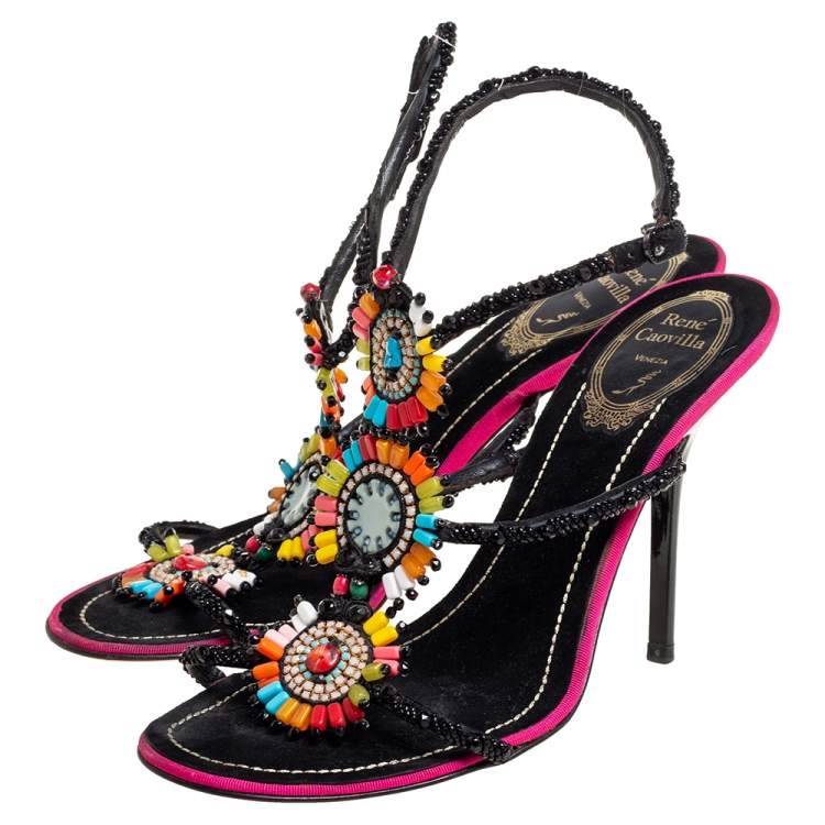 Pre Owned Rena Caovilla Multicolor Beaded Suede Ankle-Strap Sandals Size 37