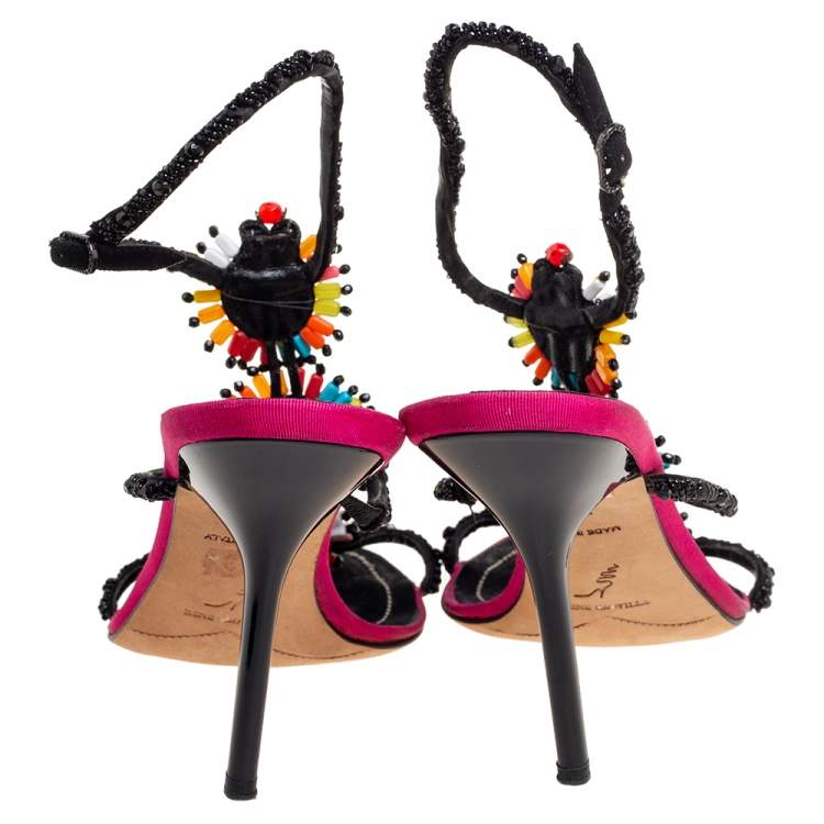 Pre Owned Rena Caovilla Multicolor Beaded Suede Ankle-Strap Sandals Size 37