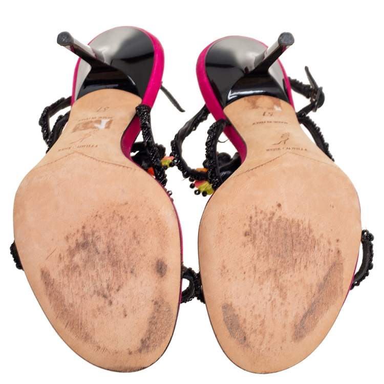Pre Owned Rena Caovilla Multicolor Beaded Suede Ankle-Strap Sandals Size 37
