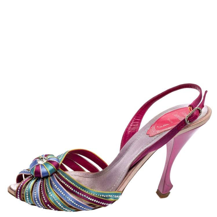 Pre Owned René Caovilla Multicolor Satin Crystal Flower Embellished Ankle Strap Sandals Size 37