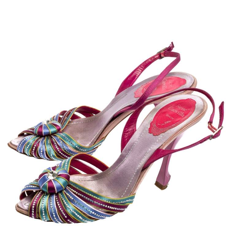 Pre Owned René Caovilla Multicolor Satin Crystal Flower Embellished Ankle Strap Sandals Size 37