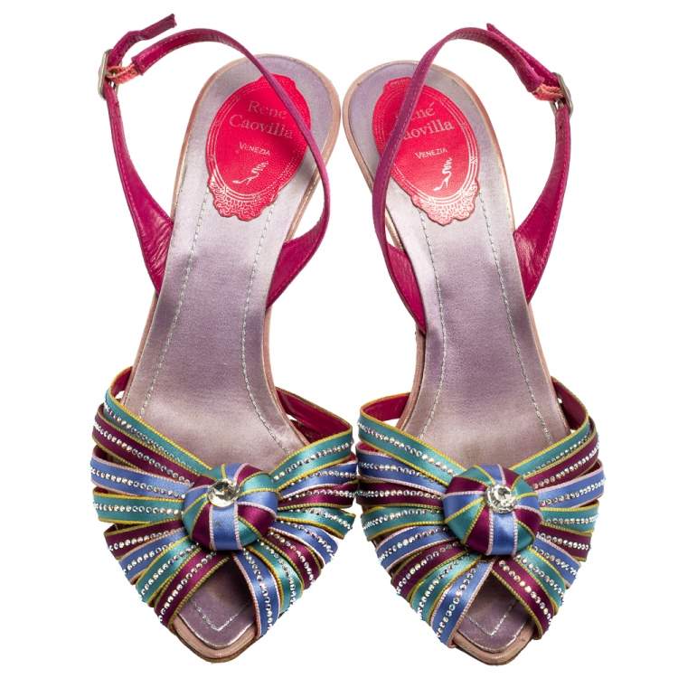 Pre Owned René Caovilla Multicolor Satin Crystal Flower Embellished Ankle Strap Sandals Size 37