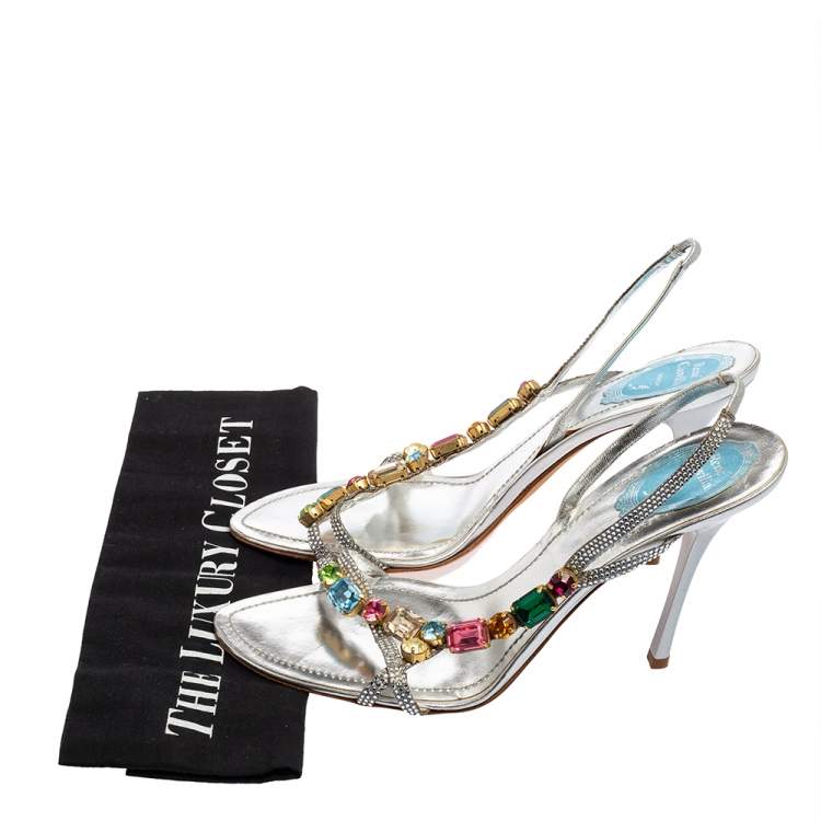 Pre Owned René Caovilla Silver Crystals and Multicolor Stones Embellished Leather Slingback Sandals Size 41