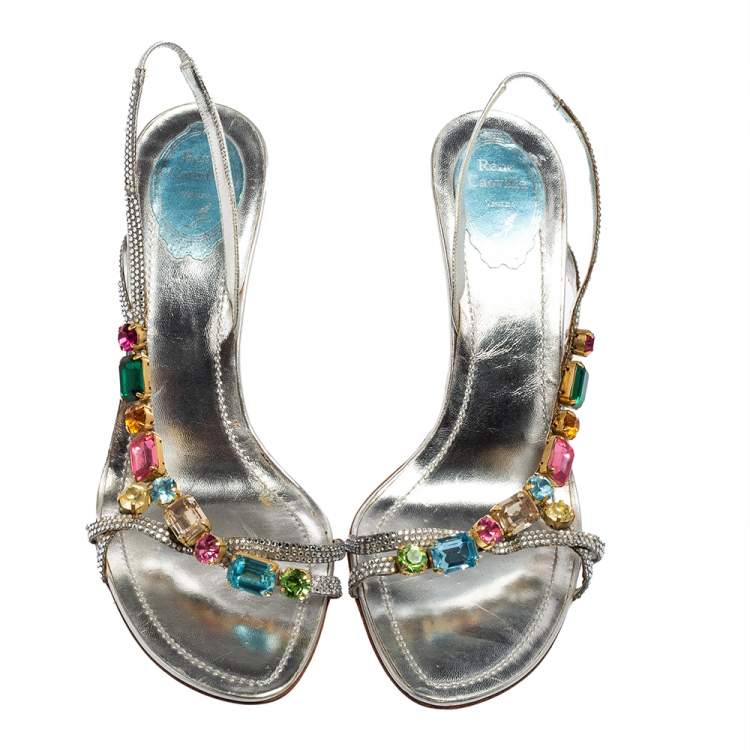Pre Owned René Caovilla Silver Crystals and Multicolor Stones Embellished Leather Slingback Sandals Size 41