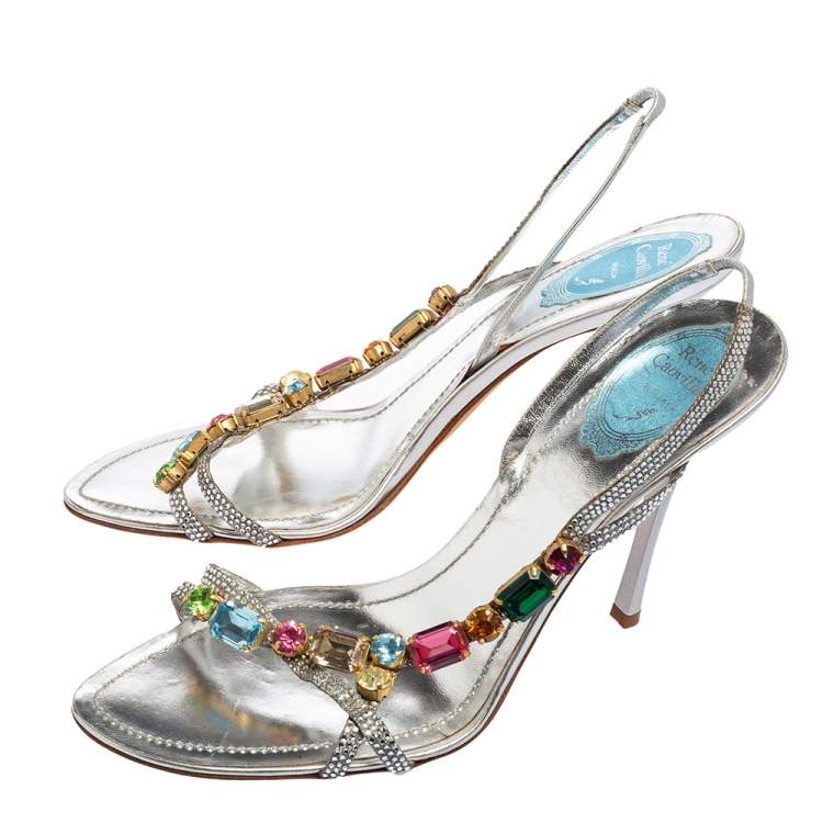 Pre Owned René Caovilla Silver Crystals and Multicolor Stones Embellished Leather Slingback Sandals Size 41