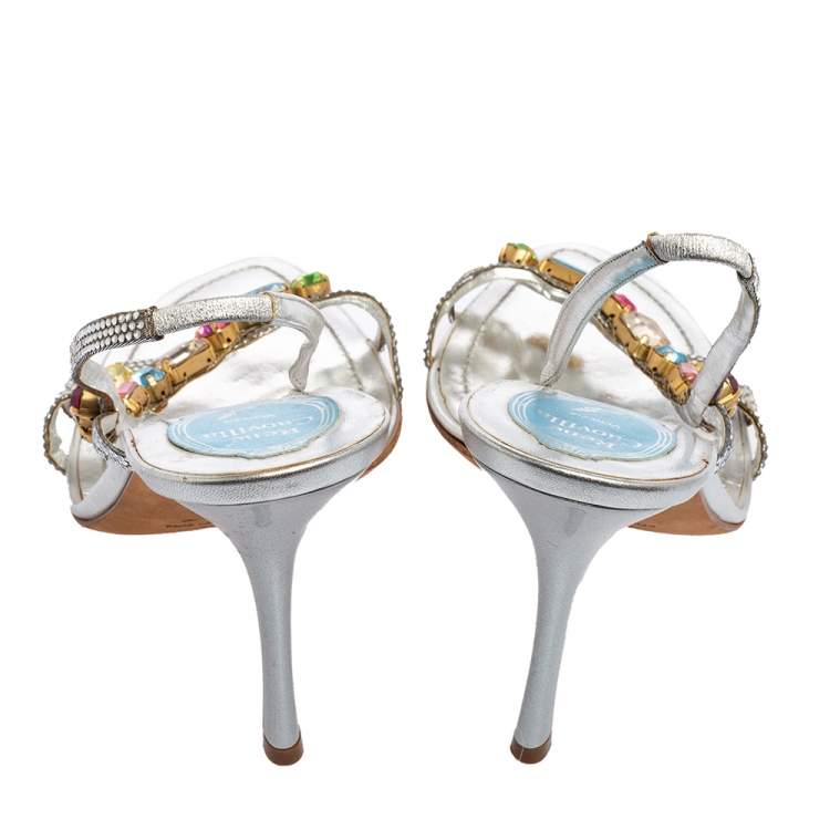 Pre Owned René Caovilla Silver Crystals and Multicolor Stones Embellished Leather Slingback Sandals Size 41