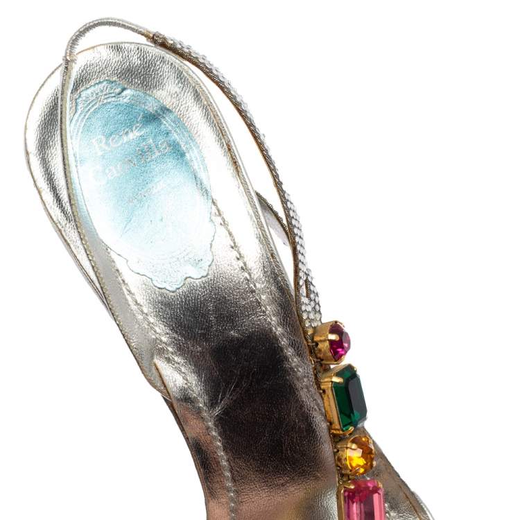 Pre Owned René Caovilla Silver Crystals and Multicolor Stones Embellished Leather Slingback Sandals Size 41