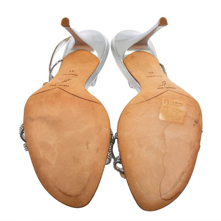 Pre Owned René Caovilla Silver Crystals and Multicolor Stones Embellished Leather Slingback Sandals Size 41