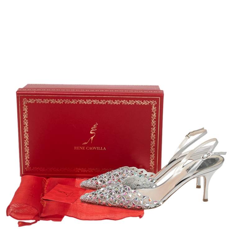 Pre Owned René Caovilla Metallic Grey Crystal Embellished Macrame Lace and Leather Slingback Sandals Size 38