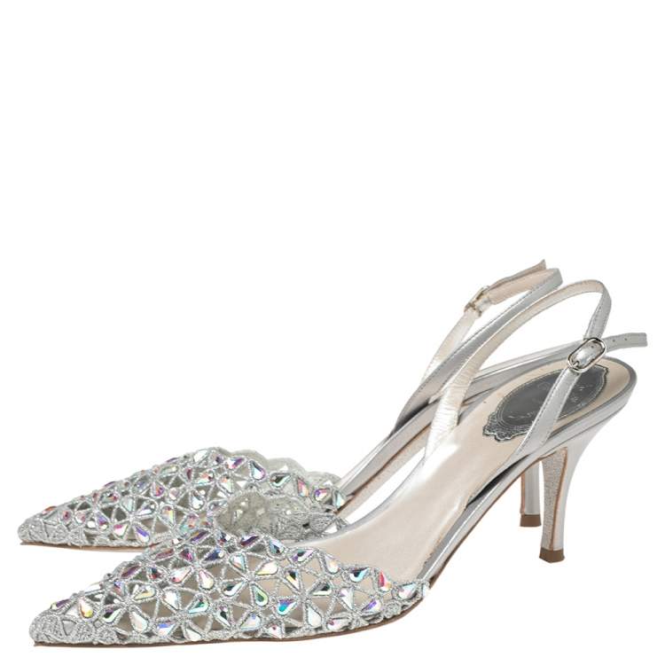 Pre Owned René Caovilla Metallic Grey Crystal Embellished Macrame Lace and Leather Slingback Sandals Size 38