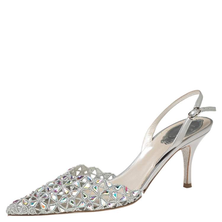 Pre Owned René Caovilla Metallic Grey Crystal Embellished Macrame Lace and Leather Slingback Sandals Size 38