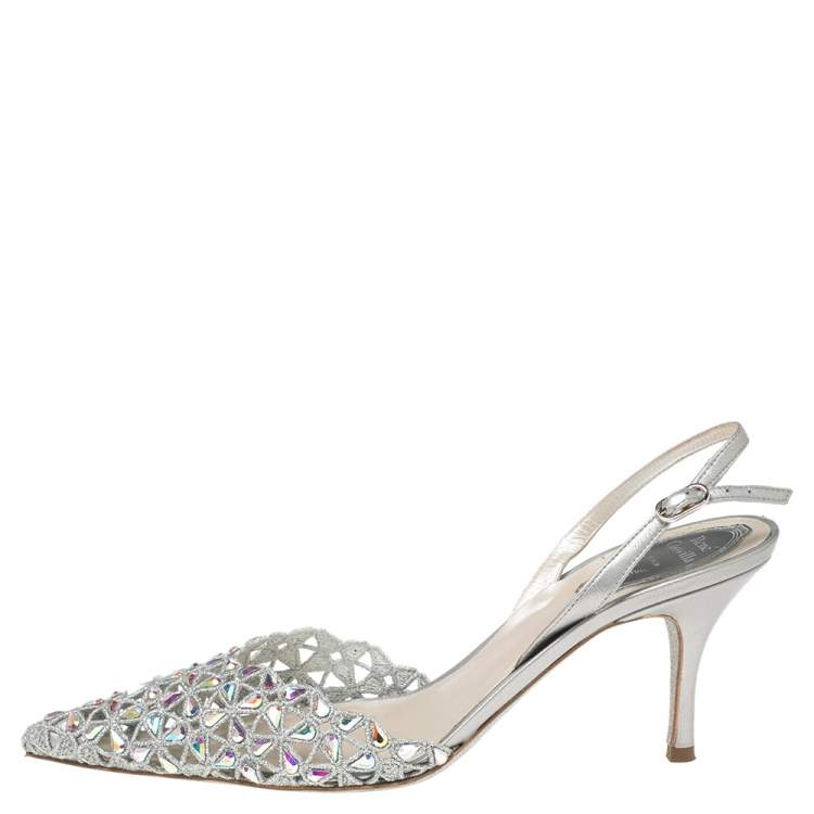 Pre Owned René Caovilla Metallic Grey Crystal Embellished Macrame Lace and Leather Slingback Sandals Size 38