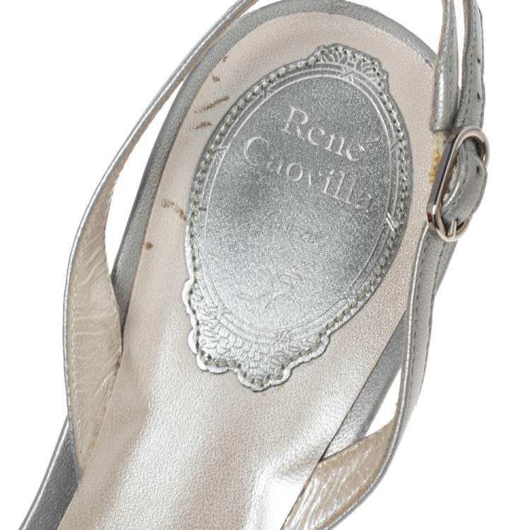 Pre Owned René Caovilla Metallic Grey Crystal Embellished Macrame Lace and Leather Slingback Sandals Size 38