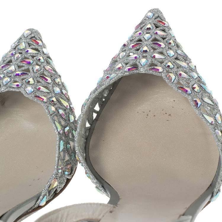 Pre Owned René Caovilla Metallic Grey Crystal Embellished Macrame Lace and Leather Slingback Sandals Size 38