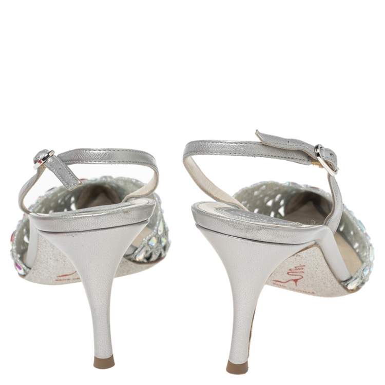Pre Owned René Caovilla Metallic Grey Crystal Embellished Macrame Lace and Leather Slingback Sandals Size 38