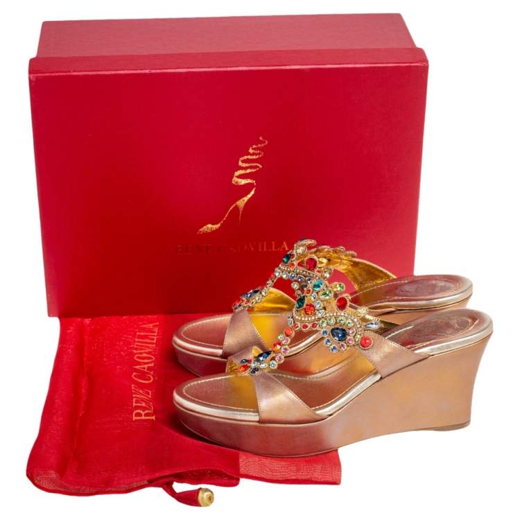 مملوكة مسبقًا René Caovilla Bronze Leather Embroidery Embellished Wedge Platform Slide Sandals Size 38.5