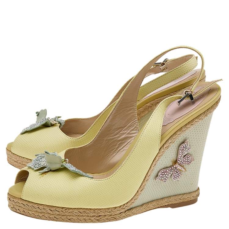 Pre Owned René Caovilla Yellow Leather Espadrille Wedge Sandals Size 38