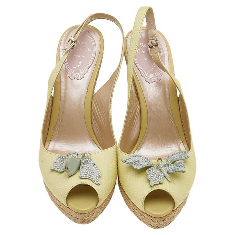 Pre Owned René Caovilla Yellow Leather Espadrille Wedge Sandals Size 38