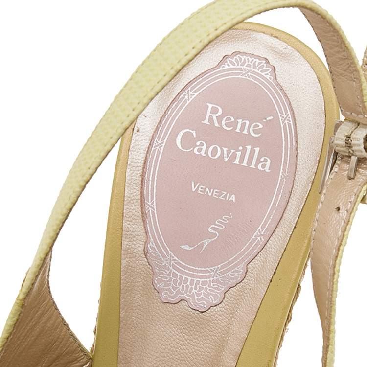 Pre Owned René Caovilla Yellow Leather Espadrille Wedge Sandals Size 38