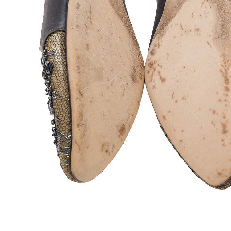 Pre Owned René Caovilla Grey Satin Crystal Embellished Ballet  Flats Size 38