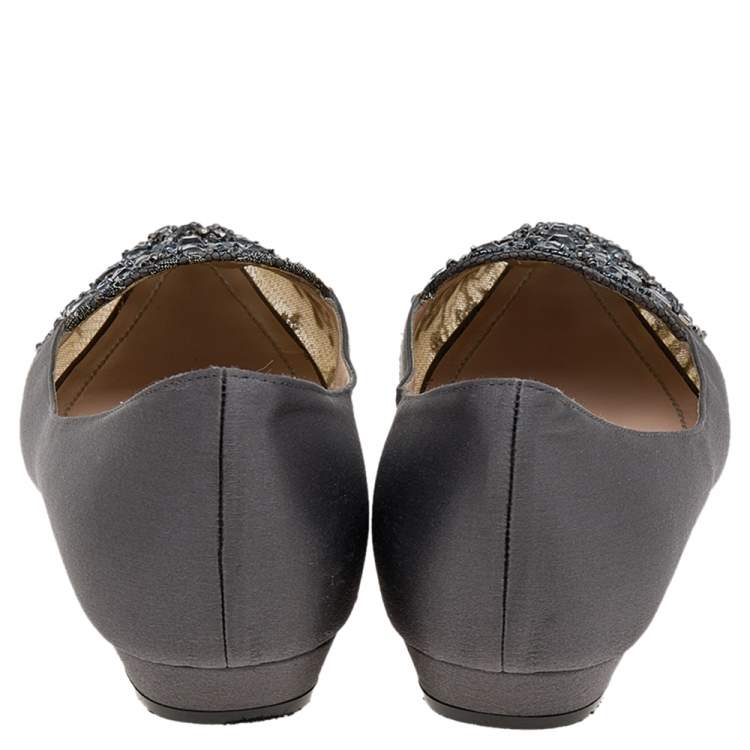 Pre Owned René Caovilla Grey Satin Crystal Embellished Ballet  Flats Size 38