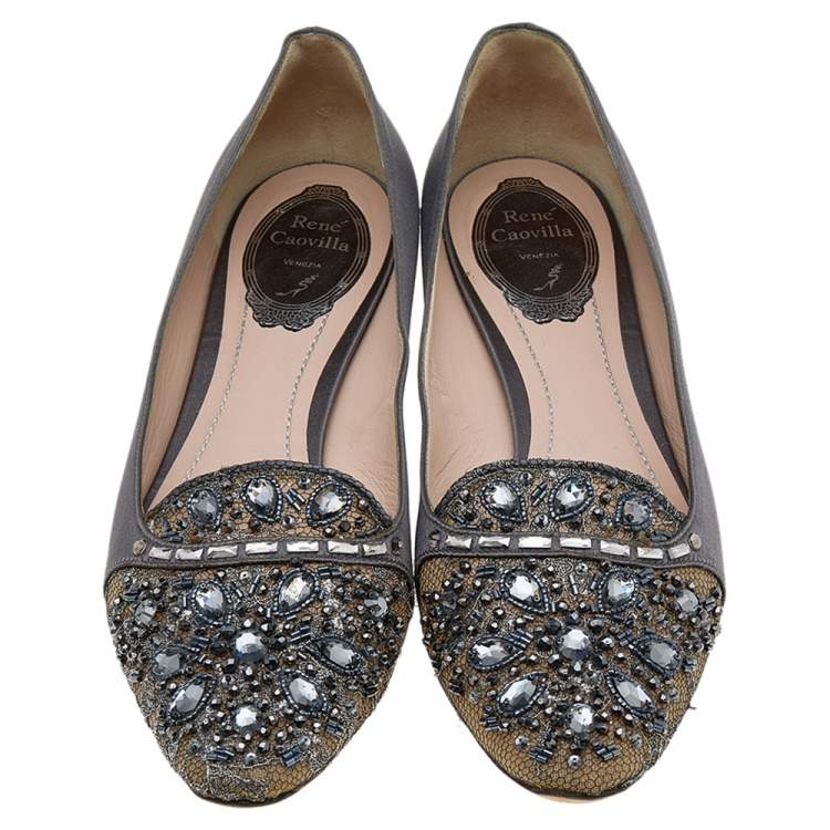 Pre Owned René Caovilla Grey Satin Crystal Embellished Ballet  Flats Size 38