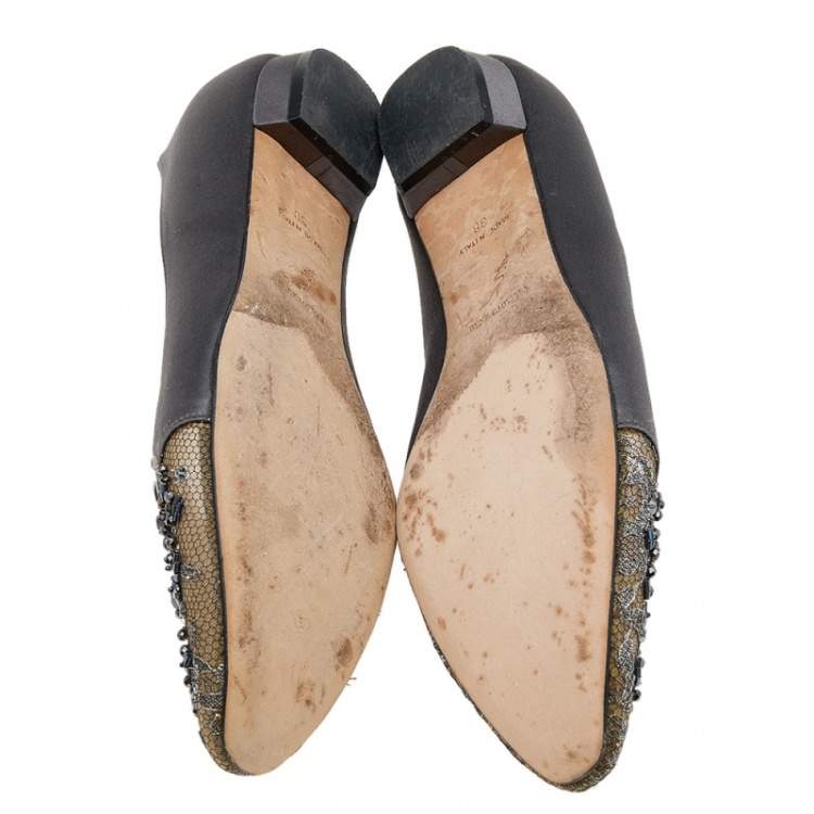 Pre Owned René Caovilla Grey Satin Crystal Embellished Ballet  Flats Size 38