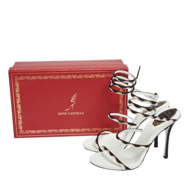Pre Owned René Caovilla White/Black Satin Crystal Embellished Ankle Wrap Open Toe Sandals Size 38.5