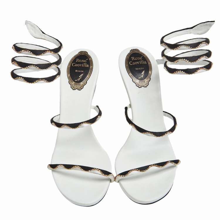 Pre Owned René Caovilla White/Black Satin Crystal Embellished Ankle Wrap Open Toe Sandals Size 38.5