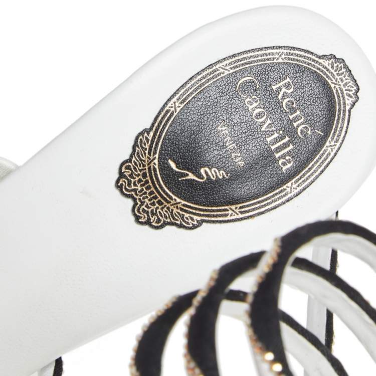 Pre Owned René Caovilla White/Black Satin Crystal Embellished Ankle Wrap Open Toe Sandals Size 38.5