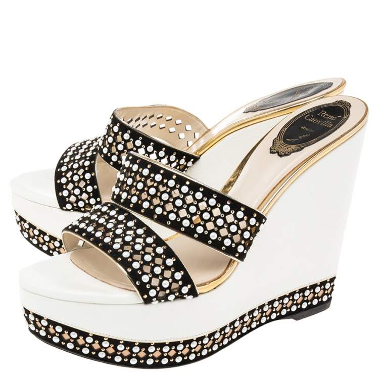 Pre Owned René Caovilla White/Black Crystal Embellished Suede Laser Cut Wedge Platform Slide Sandals Size 39